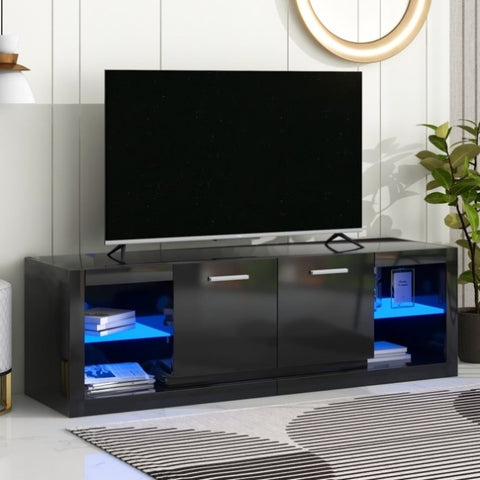 ZUN ON-TREND Modern TV Stand with 2 Tempered Glass Shelves, High Gloss Entertainment Center for TVs Up WF300075AAB