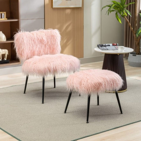 ZUN 25.2'' Wide Faux Fur Plush Accent Chair With Ottoman, Living Room Chair With Footrest, Fluffy W1852107381
