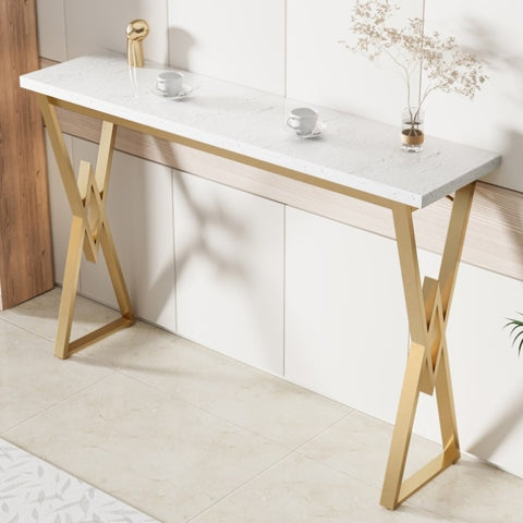 ZUN 63" Modern White Kitchen Bar Height Dining Table Wood Breakfast Pub Table with Gold Base WF322496AAG