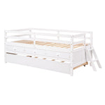 ZUN Low Loft Bed Twin Size with Full Safety Fence, Climbing ladder, Storage Drawers and Trundle White WF296596AAK