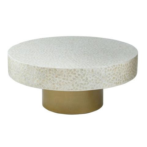 ZUN 35x35x16" Unique Cream Capiz Coffee Table with Gold Pedestal Base W2078P154260