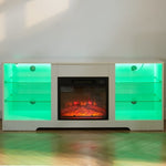 ZUN TV Stand Electric Fireplace TV Stand Glass Shelves, 3D Fireplace TV Stand LED Lights Wood W2275P149866