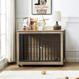 ZUN Furniture Style Dog Crate Side Table With Feeding Bowl, Wheels, Three Doors, Flip-Up Top Opening. W1820123209