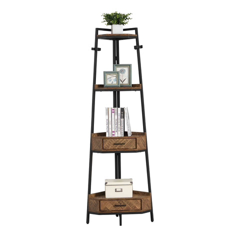 ZUN Corner Shelf with Two Drawers 72.64'' Tall, 4-tier Industrial Bookcase, Black 51676298