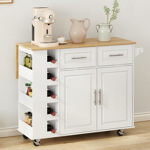 ZUN Multi-Functional Kitchen Island Cart with 2 Door Cabinet and Two Drawers,Spice Rack, Towel Holder, W757139001