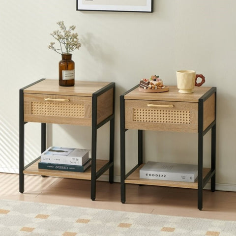 ZUN Set of 2, 15.74" Rattan End table with drawer, Modern nightstand, metal legs,side table for living W1265123640