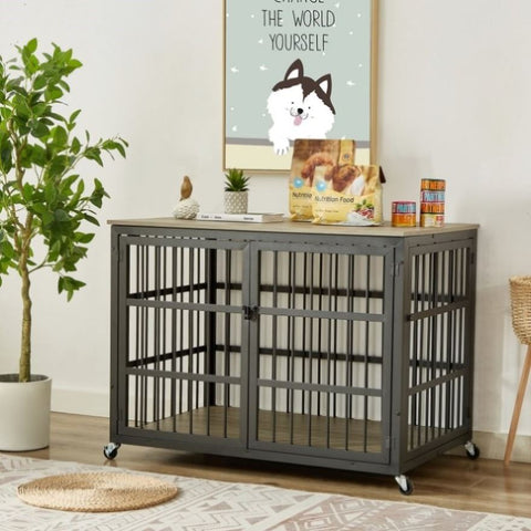 ZUN Furniture style dog crate wrought iron frame door with side openings, Grey, 43.3''W x 29.9''D x W1162119832