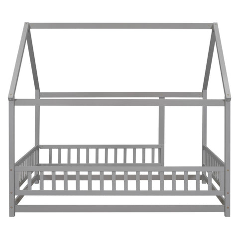ZUN Full Size Floor Wooden Bed with House Roof Frame, Fence Guardrails ,Grey W50471474