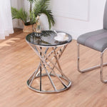 ZUN Set of 1 Round Glass Top Side Table for Living Room- Black Grey Tempered Glass & Silver Stainless W133084056