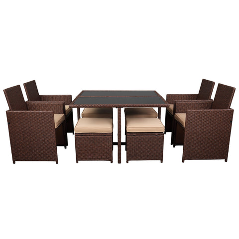 ZUN 9 Pieces Wood Grain PE Wicker Rattan Dining Ottoman with Tempered Glass Table Patio Furniture Set 19520971