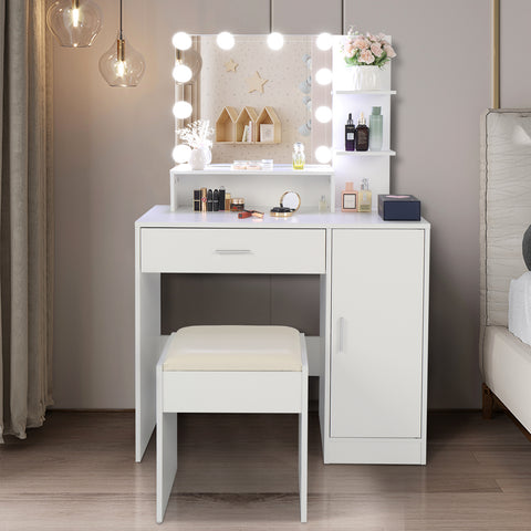 ZUN Large Vanity Set with 10 LED Bulbs, Makeup Table with Cushioned Stool, 3 Storage Shelves 1 Drawer 1 73717191