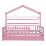 ZUN Wooden Full Size House Bed with Twin Size Trundle,Kids Bed with Shelf, Pink WF301683AAH