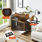ZUN Furniture Style Dog Crate Side Table With Feeding Bowl, Wheels, Three Doors, Flip-Up Top Opening. W1820123197