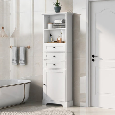 ZUN White Tall Storage Cabinet with 3 Drawers and Adjustable Shelves for Bathroom, Kitchen and Living WF298151AAK