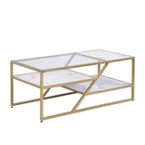 ZUN Golden Coffee Table with Storage Shelf, Tempered Glass Coffee Table with Metal Frame for Living W82151003