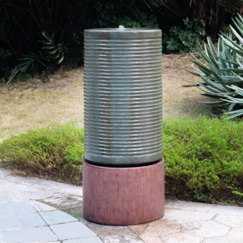 ZUN 44" Tall Large Modern Cylinder Ribbed Tower Water Fountain With Rustic Base, Contemporary Antique W2078125153