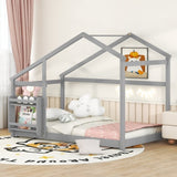 ZUN Twin Size Wooden House Bed, Twin Floor Wooden Bed with Shelf, No Box Spring Needed, Gray Color, Twin W69782587