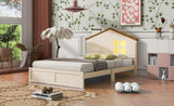 ZUN Twin Size Wood Platform Bed with House-shaped Headboard and Built-in LED, Walnut+Milk White WF314523AAD