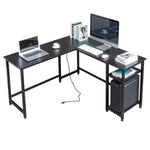 ZUN L-Shaped Desktop Computer Desk with Power Outlets & Shelf Tiger Black 06147125