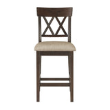ZUN Dark Brown Finish Counter Height Chairs 2pc Set Double X-Back Design Lenin-like Fabric Padded Seat B01151376