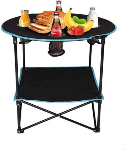 ZUN Folding Table, Travel Camping Picnic Collapsible Round Table with 4 Cup Holders and Carry Bag W2181P162552