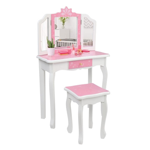 ZUN Children's Wooden Dressing Table Three-Sided Folding Mirror Dressing Table Chair Single Drawer Blue 21682887