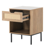 ZUN Nightstand Storage End Table with Rattan Door, Open Storage & Solid Metal Legs, Small Bedside Tables W1908119434