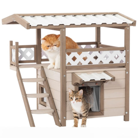 ZUN Feral Cat House Outdoor Indoor Kitty Houses with Durable PVC Roof, Escape Door,Curtain and Stair,2 W142791683