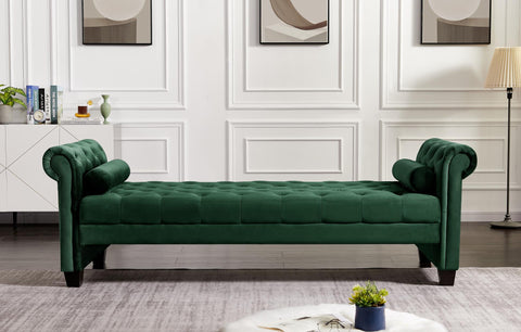 ZUN Green, Solid Wood Legs Velvet Rectangular Sofa Bench with Attached Cylindrical Pillows 66217925