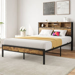 ZUN Full Size Bed Frame with Storage Headboard, Metal Platform Bed with Charging Station, Bookcase W840127763