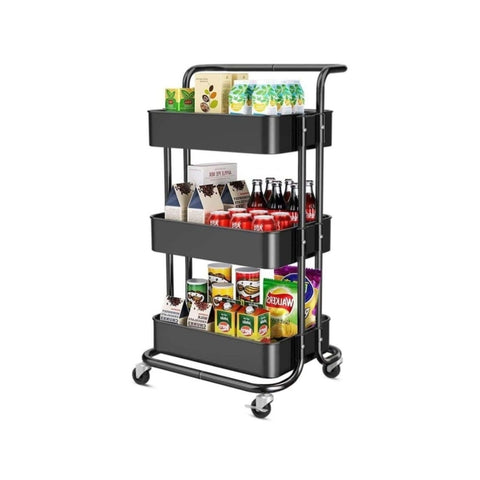 ZUN Three-layer mesh utility cart, rolling cart with handle and lockable wheel, multi-function storage 14451692