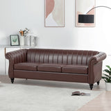 ZUN 83.46'' Brown PU Rolled Arm Chesterfield Three Seater Sofa. W68031446