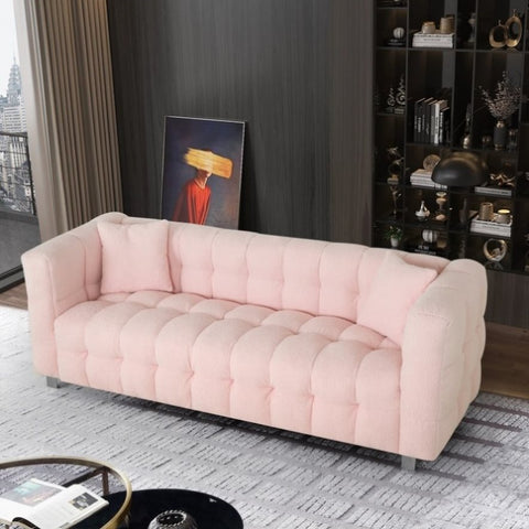 ZUN Pink teddy fleecesofa 80 inch discharge in living room bedroom with two throw pillows hardware foot W1278141689