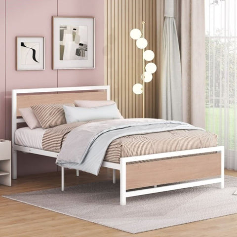 ZUN Full Size Platform Bed, Metal and Wood Bed Frame with Headboard and Footboard , White MF309890AAK