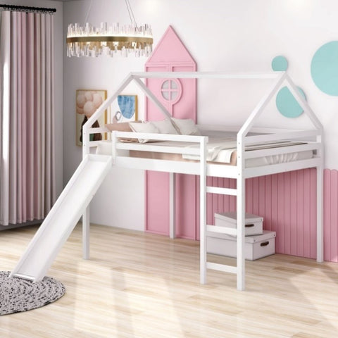 ZUN Full Size Loft Bed with Slide, House Bed with Slide,White WF286244AAK