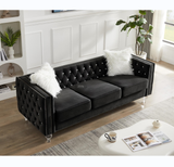 ZUN Black, Three-seater Sofa, Velvet Crystal Buckle Upholstery Sofa, Crystal Feet, Removable Cushion, 70232519