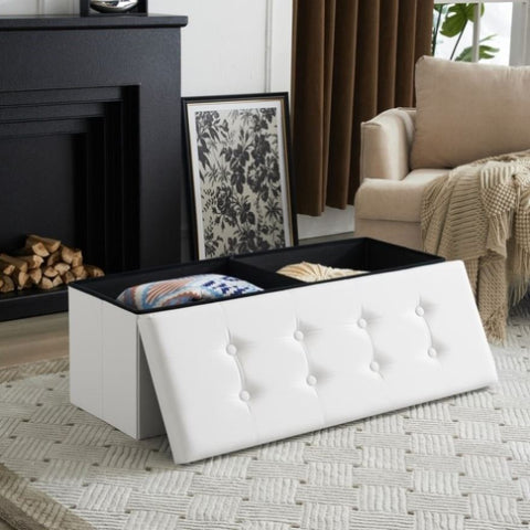 ZUN FCH 110*38*38cm Glossy Pull Point PVC MDF Foldable Storage Footstool White 07704414