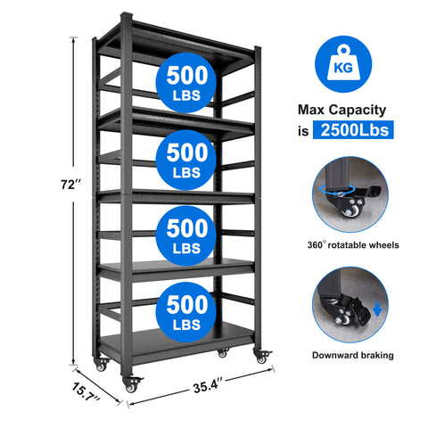 ZUN H72 * W35.4 * D15.7 Heavy Duty Storage Shelves Adjustable 5-Tier Metal Shelving Unit with Wheels for 64677244
