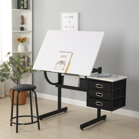 ZUN White adjustable drafting drawing table with stool and 3 drawers W34738470