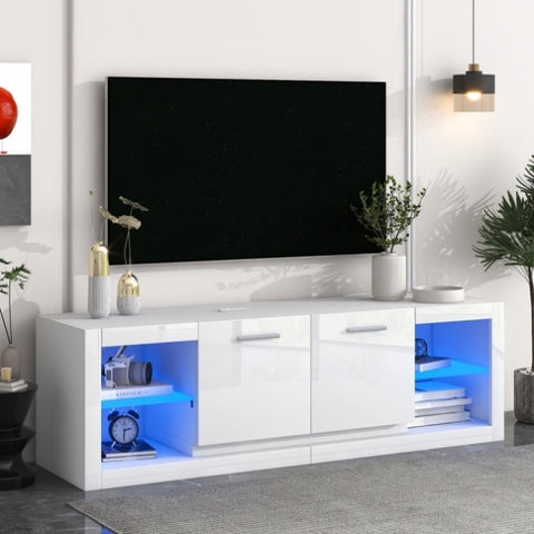 ZUN ON-TREND Modern TV Stand with 2 Tempered Glass Shelves, High Gloss Entertainment WF300075AAK