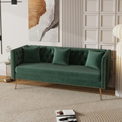 ZUN Modern Flat Armrest Living Room Sofa Green Three Seat Sofa With Two Throw Pillows W156181112