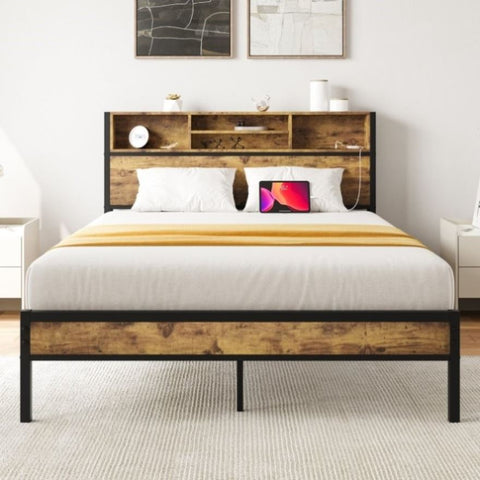 ZUN Full Size Bed Frame with Storage Headboard, Metal Platform Bed with Charging Station, Bookcase W840127763