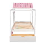 ZUN Twin Size House Bed with Roof, Window and Drawer - Pink + White WF296137AAH