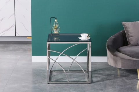 ZUN Modern Stainless Steel Cube Coffee Table with Tempered Glass Top - Silver Mirror Finish and Blue W133084109