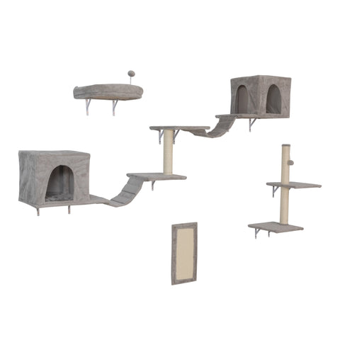 ZUN Wall-mounted Cat Tree, Cat Furniture with 2 Cat Condos House, 3 Cat Wall Shelves, 2 Ladder, 1 Cat W2181P148071
