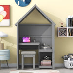 ZUN House-Shaped Kids Desk with a cushion stool,House-Style Desk and Stool Set,Grey W50489969