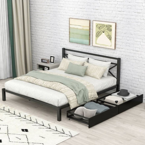 ZUN Metal Platform Bed with 2 Drawers, Queen MF296533AAB