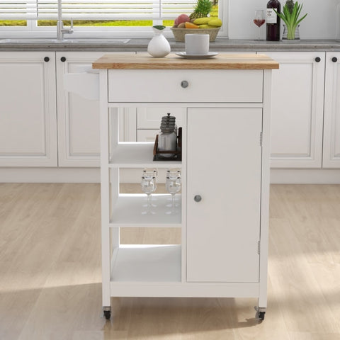 ZUN Kitchen island rolling trolley cart with Adjustable Shelves and towel rack rubber wood table top W28235382