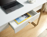 ZUN Computer Desk Writing Desk with One Drawer Metal Legs and USB Outlet Port – White & Gold B107P147849