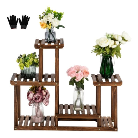 ZUN 4-Story 7-Seat Indoor And Outdoor Multi-Function Carbonized Wood Plant Stand 80504556